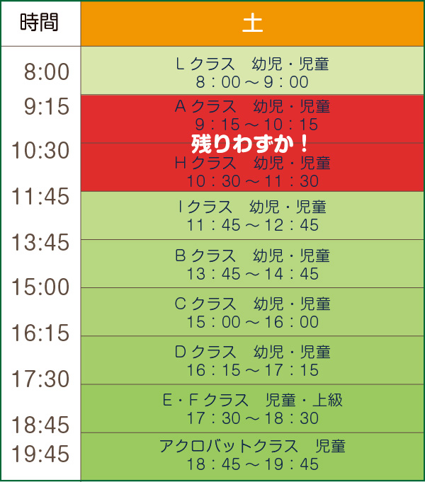 体操教室スケジュール表　土曜｜京田辺市にある水泳・体操ができる施設 KSCタナベスポーツアカデミー
